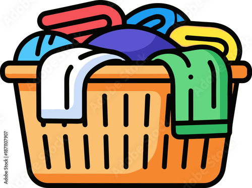 Colorful laundry basket filled with clothes, including towels and shirts, on a transparent background showing variety and vibrant colors for household tasks