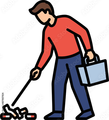 Young man cleaning up litter by picking up cigarette butts outdoors with a trash bag, promoting environmental awareness on a bright day