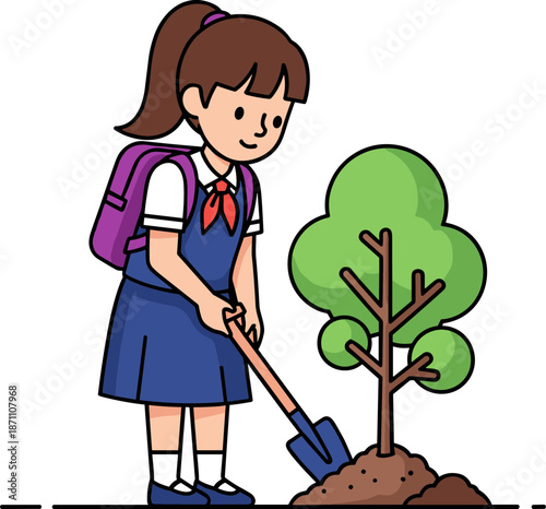 School girl planting a tree outdoors with a shovel on a sunny day, featuring a backpack and a green sapling in a bright colorful illustration style.