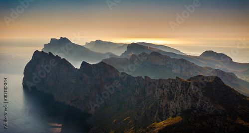 Obraz na plátně Mallorca, Spain - Aerial panoramic view of the cliffs of Cap de Formentor at sun