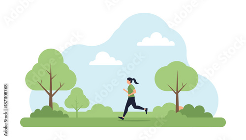 Woman running in green park with trees bushes clear blue sky flat illustration artwork design