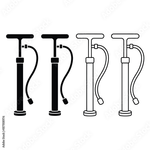 Four black and white illustrations of classic bicycle pumps in varied styles