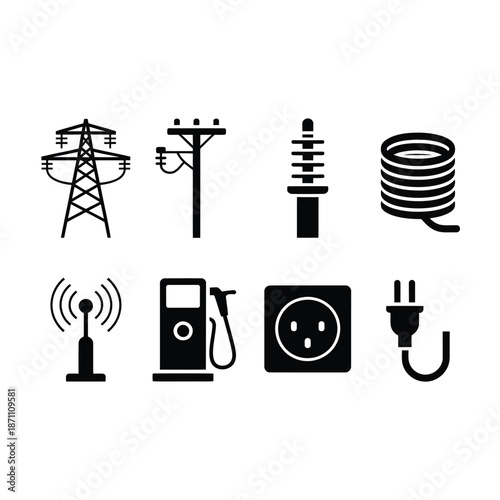 Various energy and power source icons displayed in a black and white composition