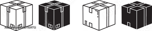 Four different colored cardboard boxes with labels and straps  shipping and packaging icons