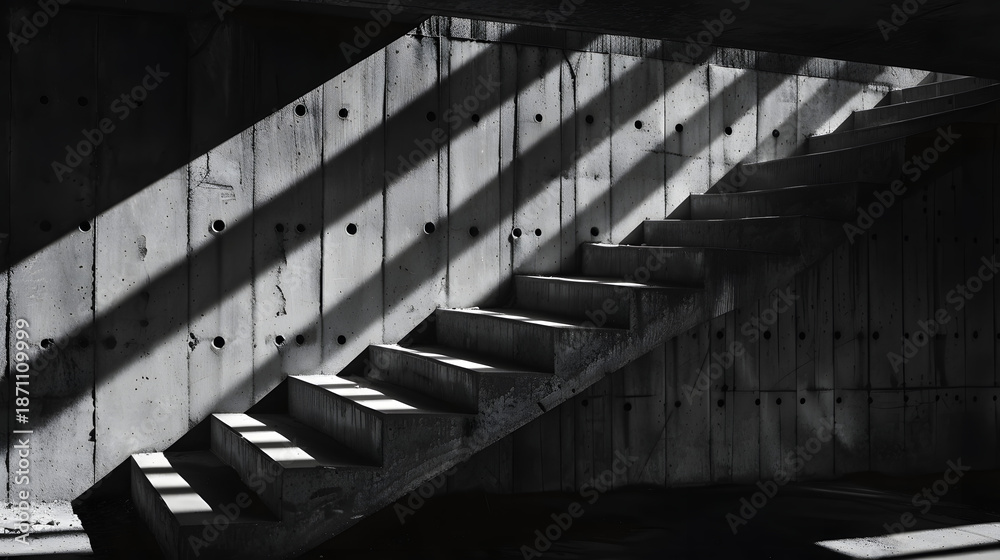 Fototapeta premium Brutalist Concrete Staircase with Dramatic Shadows and Minimal Architectural Design