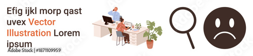 Office work, data analysis, emotional feedback, digital research, teamwork, design concepts. Professional setup with two people, magnifying glass and sad face icon. Office work and data analysis