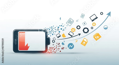 Digital data transferring from a mobile phone to cloud storage, representing data management and technology evolution