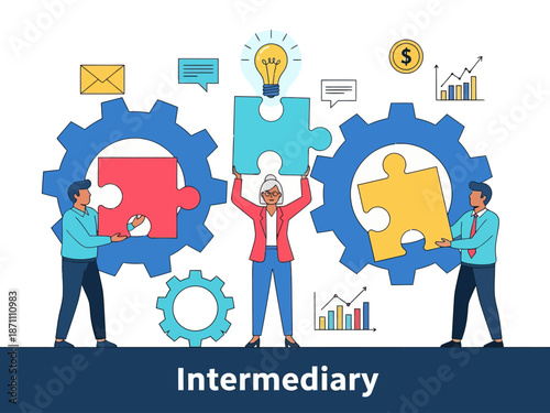 Intermediary flat vector illustration. Social enterprise. Wholesaler, distributor, reseller. E-commerce. Business model. Isolated cartoon character on white background
