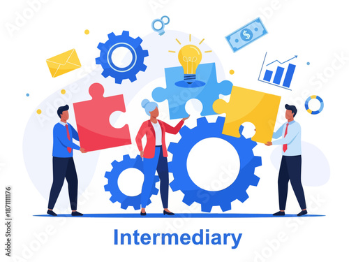 Intermediary flat vector illustration. Social enterprise. Wholesaler, distributor, reseller. E-commerce. Business model. Isolated cartoon character on white background
