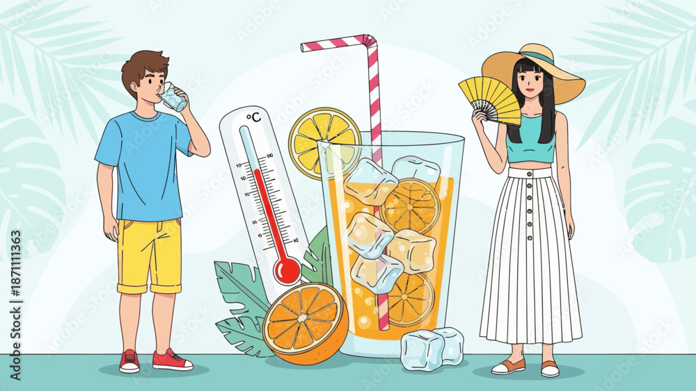 Fototapeta premium Summer flat concept vector illustration. Woman and man in hot weather 2D cartoon characters for web design. Male drink water. Female with fan. Lemonade to cool off. Heat wave refreshment creative idea