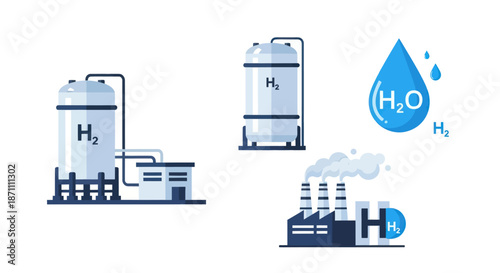Hydrogen Production and Storage Facilities with Water and Chemical Symbols.