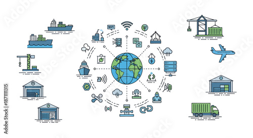 Hand-drawn infographic illustrating the global supply chain logistics and smart factory concepts with interconnected technology icons.