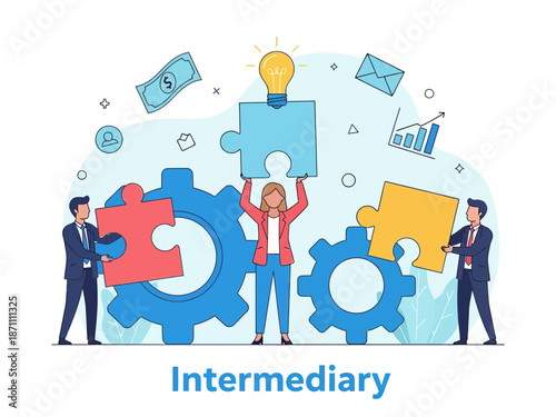 Intermediary flat vector illustration. Social enterprise. Wholesaler, distributor, reseller. E-commerce. Business model. Isolated cartoon character on white background
