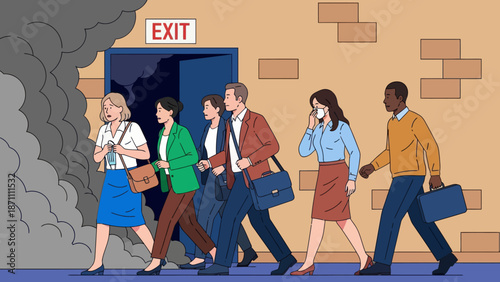 Office workers evacuation from building flat color vector illustration. Building occupants follows escape route. People leaving facility 2D cartoon characters with emergency exit sign on background