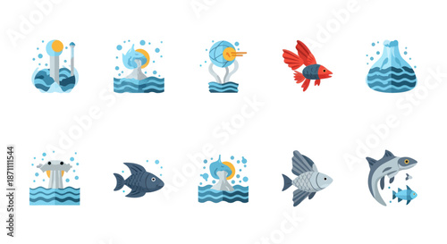 Collection of stylized aquatic animals and aquarium elements in a cartoon style.