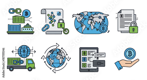 Blockchain and Cryptocurrency Global Logistics Technology Icons Set.