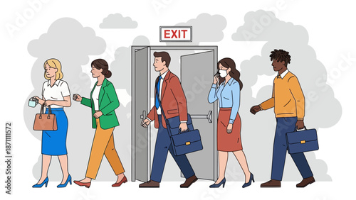 Office workers evacuation from building flat color vector illustration. Building occupants follows escape route. People leaving facility 2D cartoon characters with emergency exit sign on background