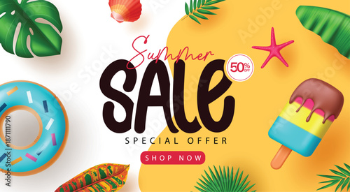 Summer Sale Special Offer Banner with 50 Percent Off and Popsicle