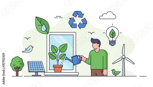 Man watering houseplant by window with solar panel recycling symbol wind turbine green energy