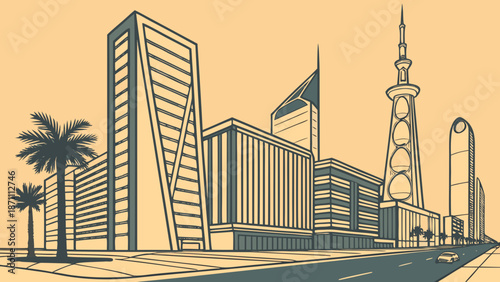 Riyadh skyline showcases modern cityscape with tall buildings and palm trees, suitable for travel brochures, real estate websites, and urban design projects.