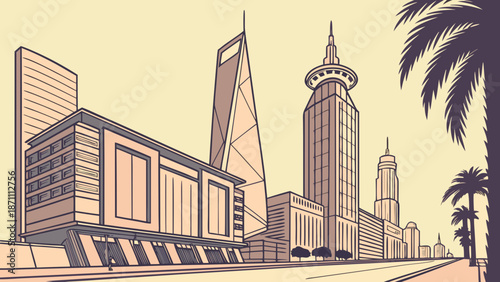Riyadh skyline replaces shanghais, offering a modern cityscape with tall buildings and palm trees. Suitable for travel and business concepts.