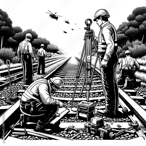 Railway Crew Using Measuring Tools