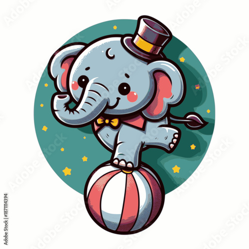 Cute Circus Elephant Balancing on Striped Ball with Stars