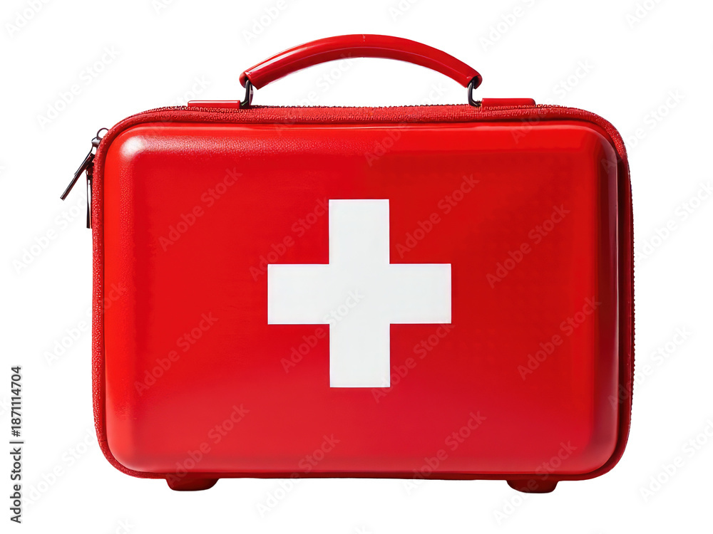Fototapeta premium A red first aid kit with a white cross emblem, suitable for medical or emergency use