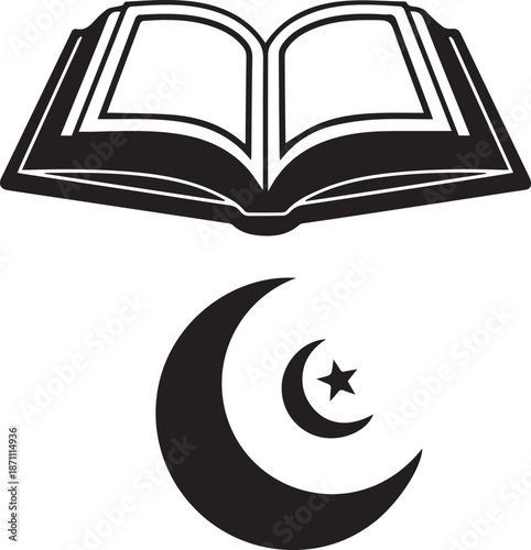 Open holy book and islamic crescent moon symbol