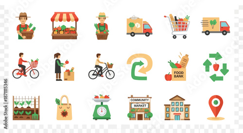 Collection of colorful flat vector icons representing local market delivery and sustainable living.