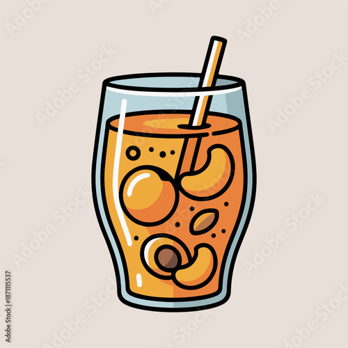 Fresh apricot nectar glass vector illustration with fruit slices and straw isolated on beige background
