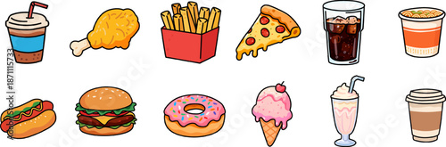 A collection of colorful, flat fast food stickers with vibrant and lively colors, suitable for children's menus, food stickers, and advertising materials.
