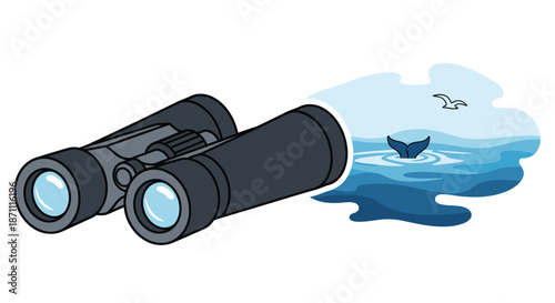 Binoculars with a whale tail emerging from the ocean cartoon style.