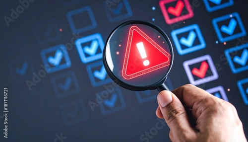 Magnifying glass highlighting digital warning icon amid verified checkmarks, symbolizing risk detection and anomaly analysis.