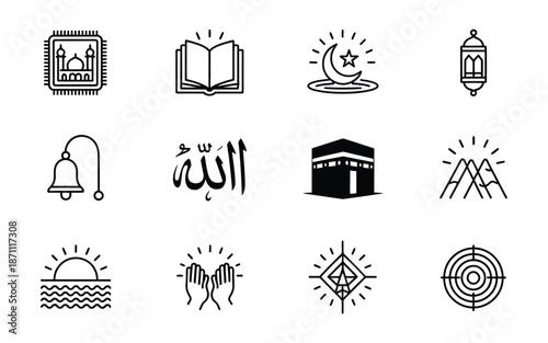 Islamic symbols collection including mosque, crescent, Quran, lantern, kaaba, and prayer icon set, vector illustration for Ramadan, eid celebrations, Muslim culture, religious education, and spiritual