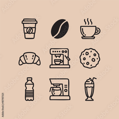 Cafe Breakfast Icons with Water Bottle and Coffee Beans