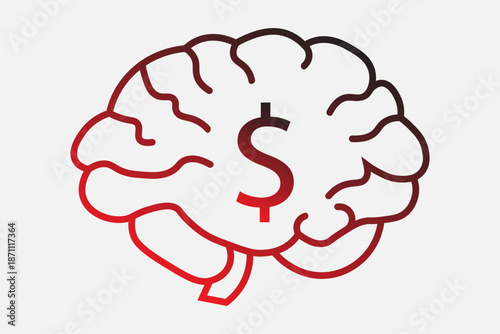 The image features a stylized line art illustration of a human brain viewed from the side (profile). Inside the center of the brain, there is a prominent dollar sign ($).