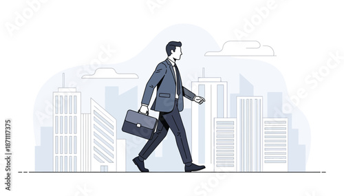 Businessman walking confident in city environment with tall buildings and clear sky side view