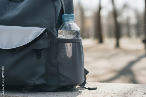 Reusable water bottle in side pocket of gray backpack outdoors, travel hydration concept, active lifestyle, eco friendly daily carry, minimal urban or nature background
