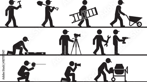 Black crowd of people silhouette set with raised hands, cheering fans group, music festival audience, celebration event, construction workers, flags, vector illustration