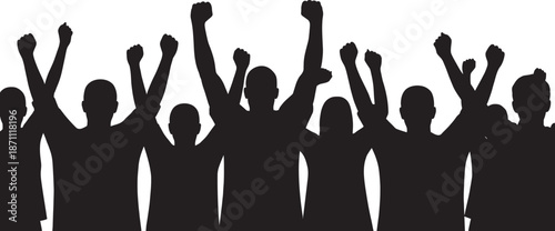 Black silhouette of a cheering crowd with raised fists and hands, representing a successful protest, concert audience, sports fans, or collective activism.