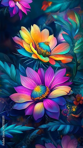 Two vividly colored flowers radiate beauty amid a backdrop of lush teal foliage