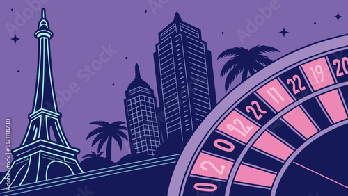 Las vegas skyline shows casino roulette wheel spinning the paris eiffel tower glowing city buildings suitable for travel and gambling concepts.