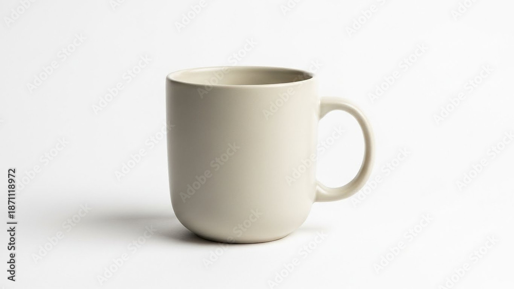 Fototapeta premium Modern ceramic coffee mug centered on a white background, soft studio lighting, minimal shadows