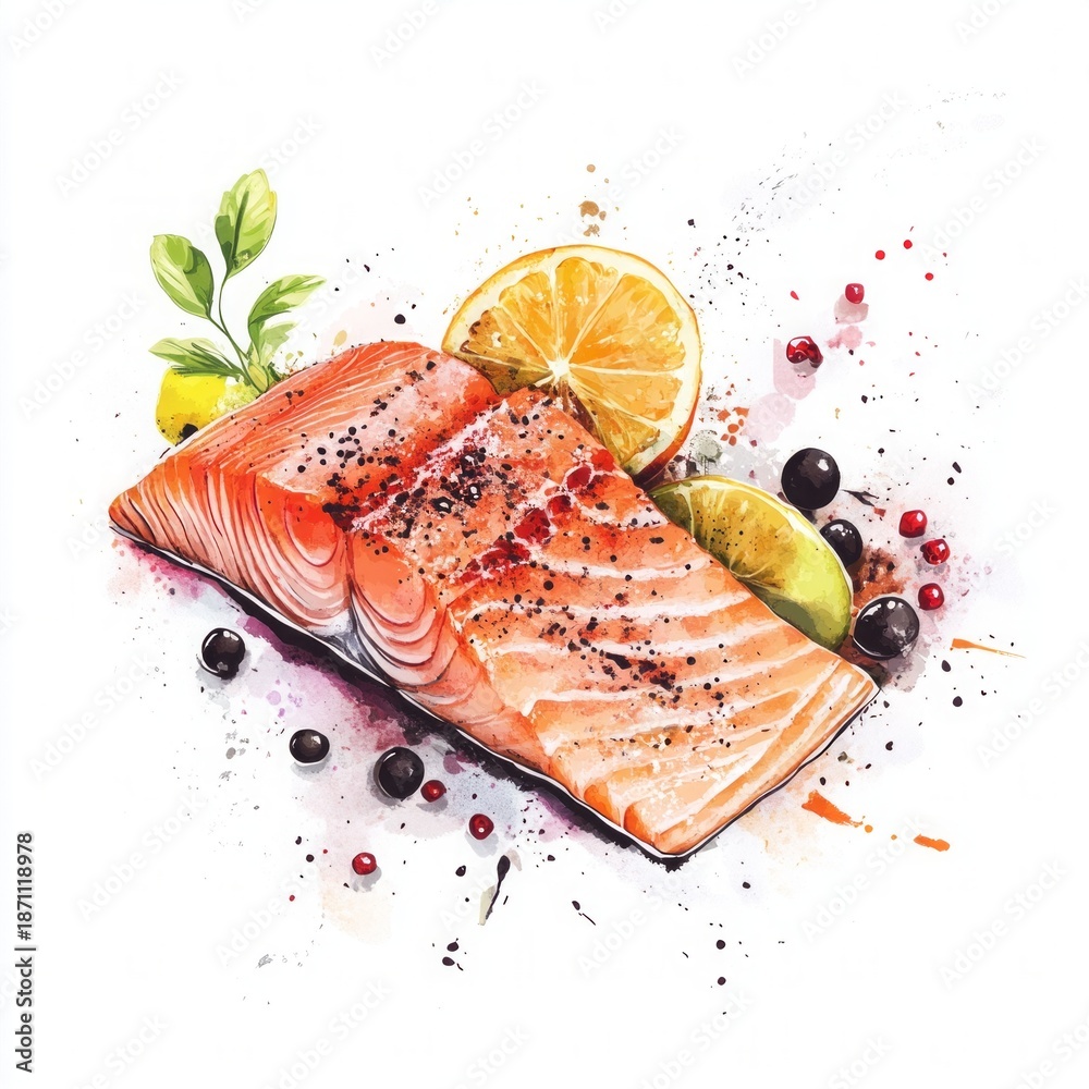 custom made wallpaper toronto digitalWatercolor salmon fillet with lemon, lime and spices isolated on white background