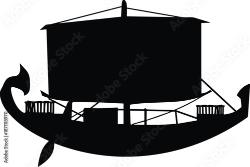 Ancient ship silhouette, sailing vessel, classical design, maritime history, black outline, nautical art, historic boat, sea travel, vintage ship, illustration