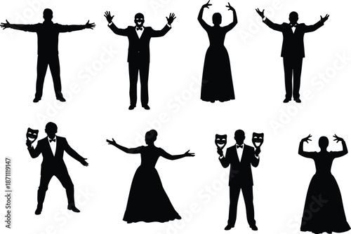 Black Silhouettes of Theater Actors and Opera Singers Holding Masks, Performing on Stage in Elegant Formal Wear for Dramatic Arts, Entertainment, and Performance