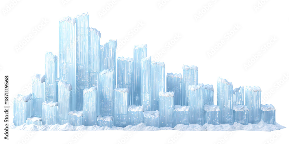 Naklejka premium A Beautiful Fantasy Ice Castle Made from Towering Frozen Pillars and Crystalline Columns Covered with Snow on a Transparent Background.