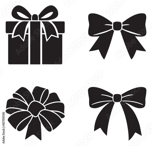 Flat icon gift bow set featuring different ribbon styles and a present for celebratory occasions
