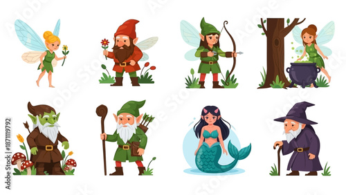 Collection of Diverse Fantasy Creatures and Mythological Beings in Cartoon Style